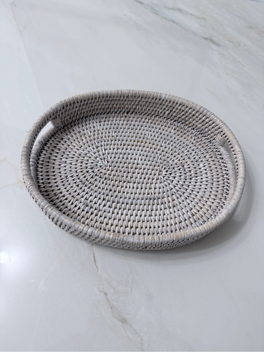 Pottery Barn Woven Round Serving Tray in Light Gray